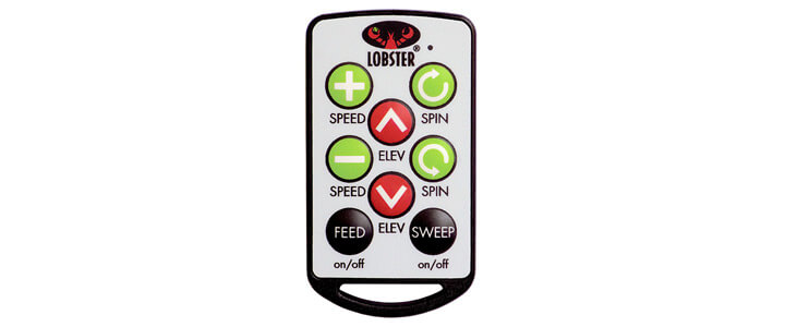 The Lobster Elite 2 premium Elite10 remote has green, red, and black buttons for feed, sweep, speed, elevation and spin.