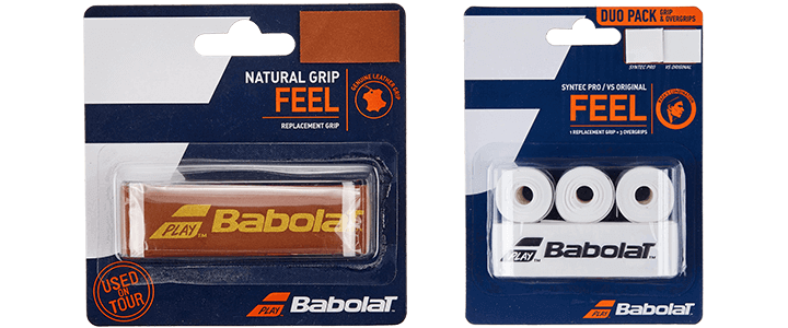 Packages of Babolat Leather Replacement Grip and Babolat VS Original Overgrip