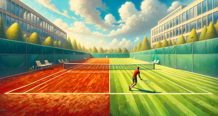 An Outdoor Tennis Court Between Office Buildings Split Down The Middle With Artificial Clay And Grass