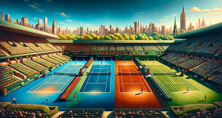 A Stadium Filled With Four Tennis Courts Showcasing The Surfaces For Each Of The Grand Slam Tournaments