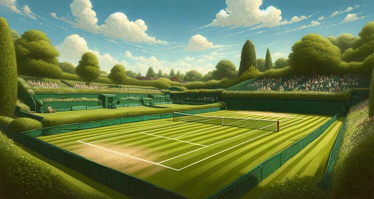 A Lush Grass Tennis Court Surrounded By Perfectly Manicured Hedges & Trees